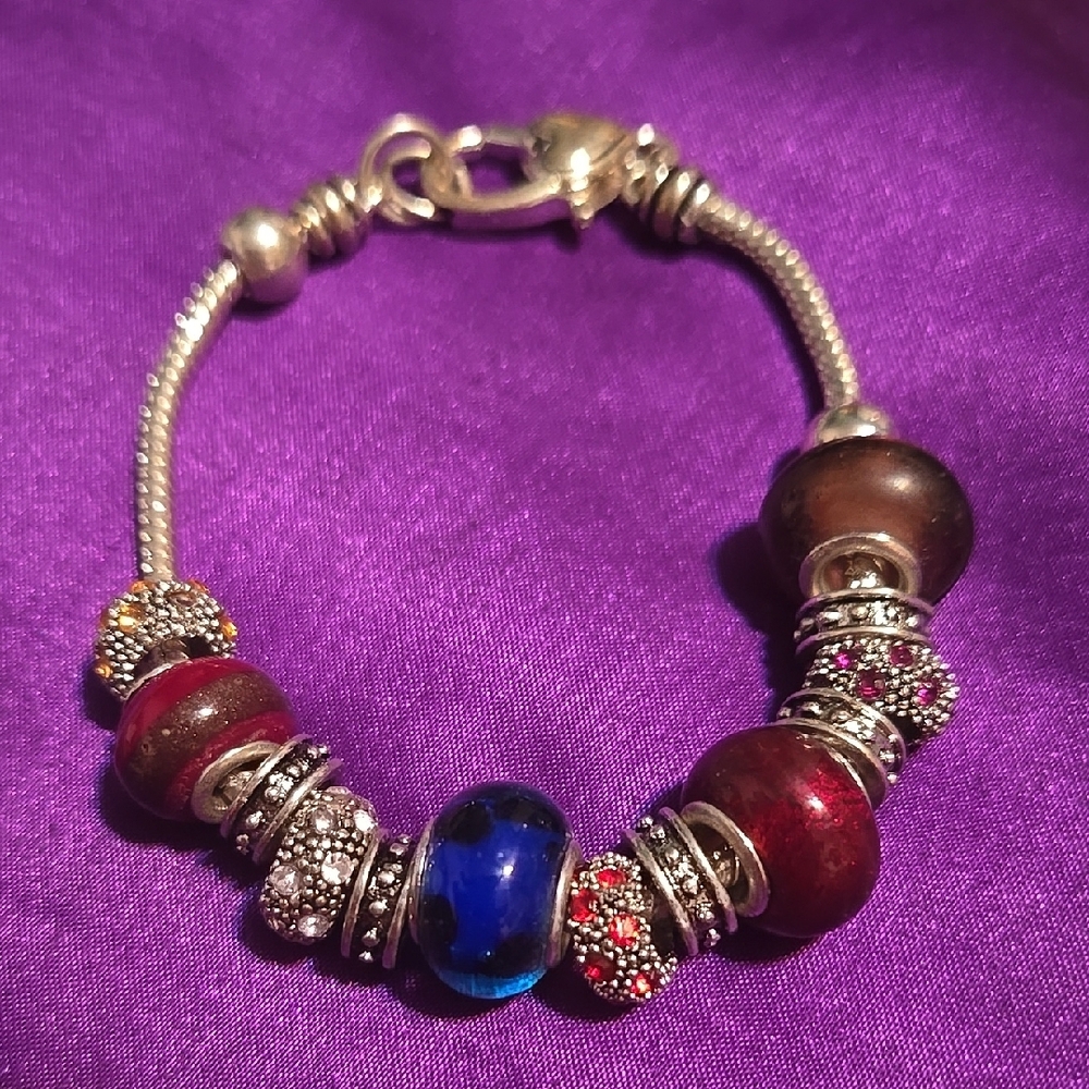 Elegant Silver and Multicolor Lg. Charm Bracelet, Silver Beads With Rhinestones